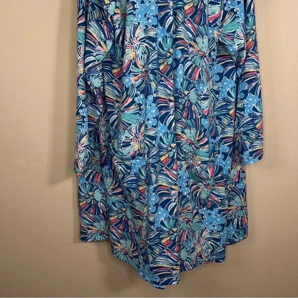 3XL XXXL BLUE ABSTRACT FLORAL SHRUG TOP BLOUSE OPEN FRONT COLORFUL LONG SLEEVE